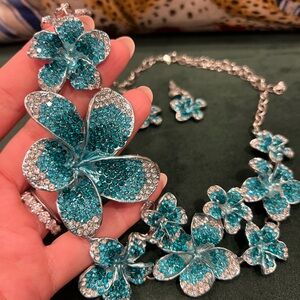 Turquoise Crystal Flower Statement Necklace and Earring Set